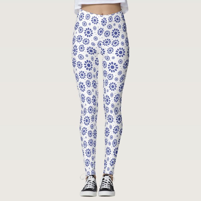 Legging Padrão bonito de margarida azul e Abstrato branco (Frente)