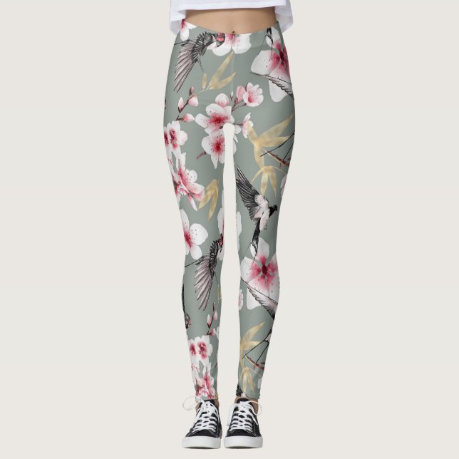 Legging Padrão bonito japonês de flor rosa (Frente)