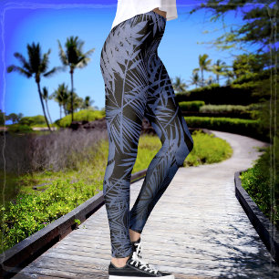 Legging Padrão botânico da folha azul-marinho tropical div