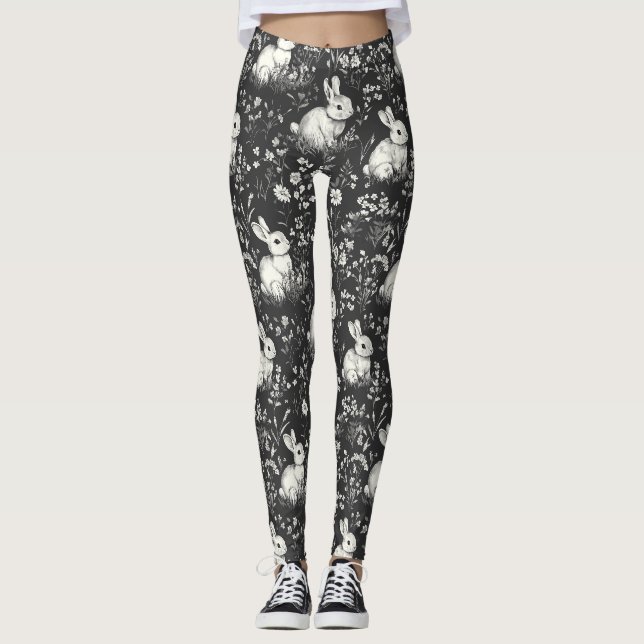 Legging Padrão Botânico de Coelho da Floresta Negra (Frente)