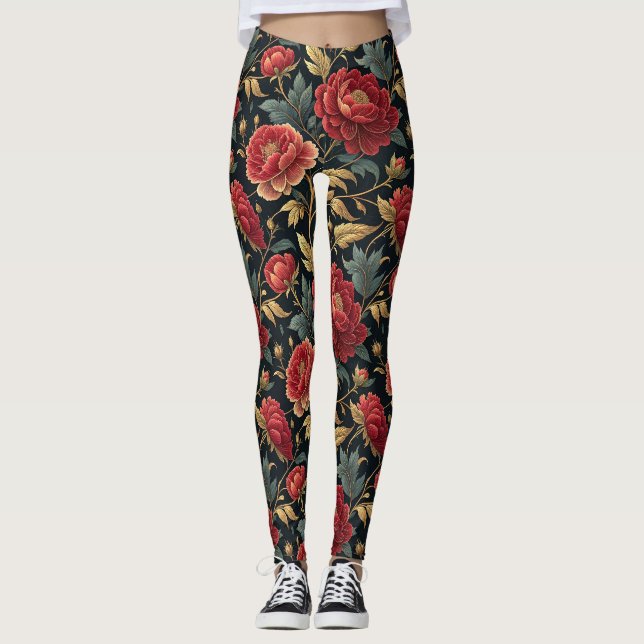 Legging Padrão Botânico de Peônia Vitoriana (Frente)
