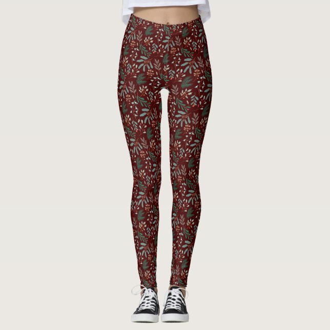Legging Padrão Botânico do inverno Vermelho (Frente)