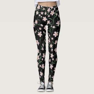 Legging Padrão Botânico Floral Cor-de-Água Rosa