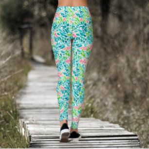 Legging Padrão Botânico Floral de Aguarela em Azul Turques