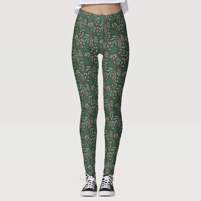 Legging Padrão Botânico Verde de inverno (Frente)