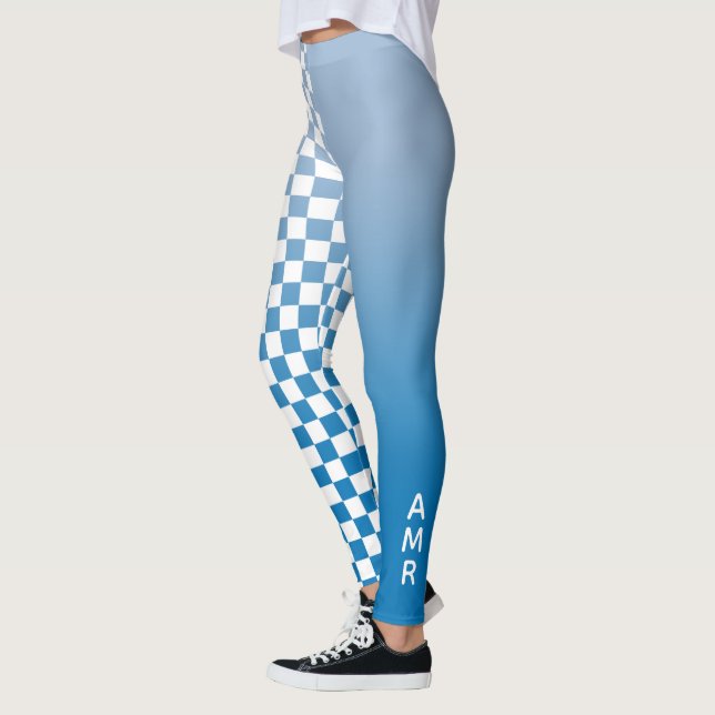 Legging Padrão branco de gradiente azul monograma verifica (Esquerda)