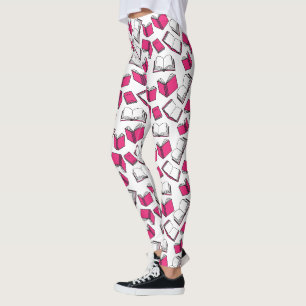 Legging Padrão Branco Rosa do Autor da Biblioteca do Leito