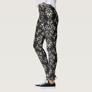 Legging Padrão Branco Sobre Damascos Florais Pretos