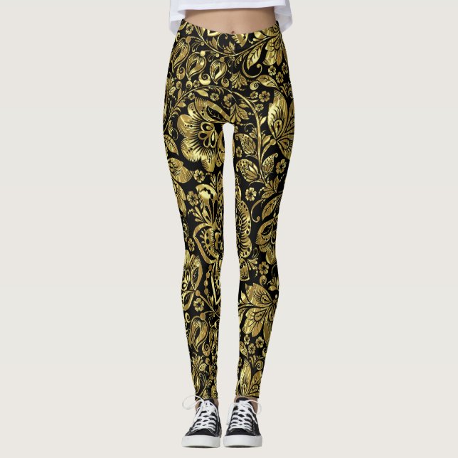 Legging Padrão Brilhante Dourado em Damascos Florais Preto (Frente)
