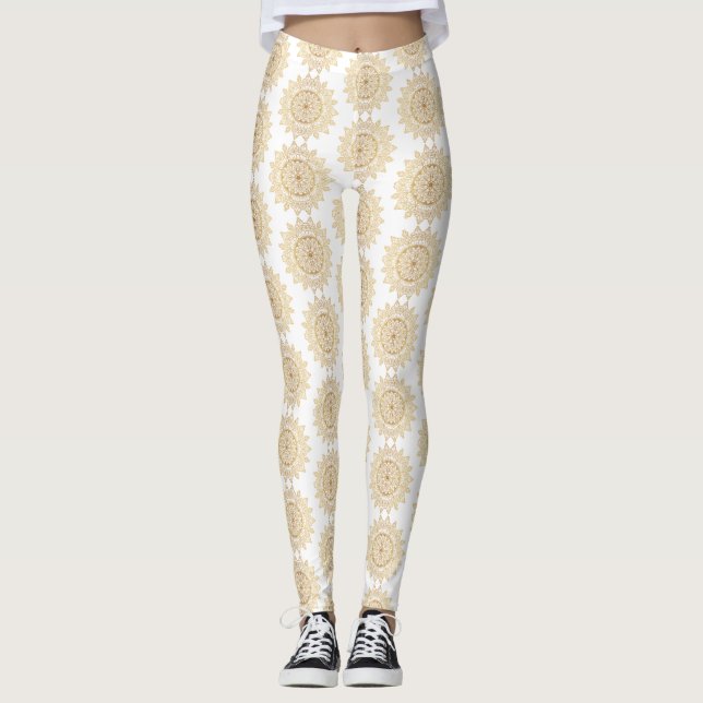 Legging Padrão Brown Mandala no Elegante White Background (Frente)