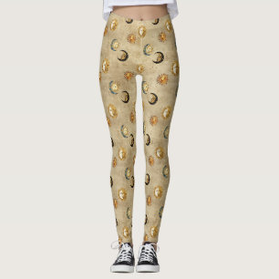 Legging Padrão Celestial Cósmico de Luas Estrelas em Ouro
