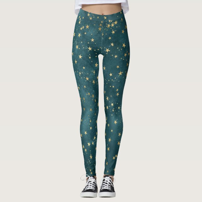 Legging Padrão celestial de estrelas de ouro celestial da  (Frente)