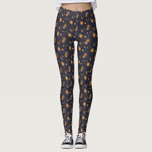 Legging Padrão celestial de galáxia de sol lua preto doura (Frente)