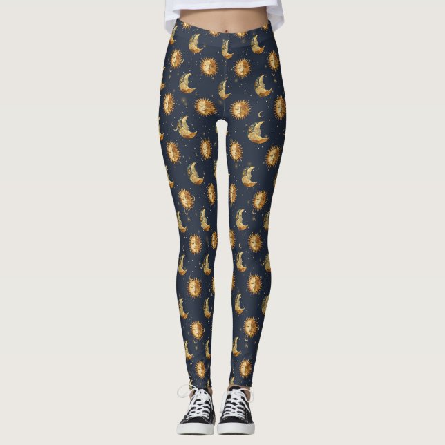 Legging Padrão Celestial do Sol & Lua Estrela Dourada Noit (Frente)