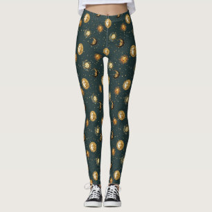 Legging Padrão Celestial Sol & Lua Estrela Dourada Noite (