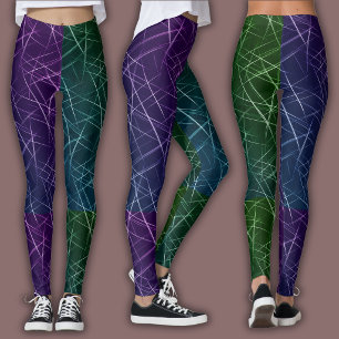 Legging Padrão Cibernético Abstrato Grade Roxa e Esmeral