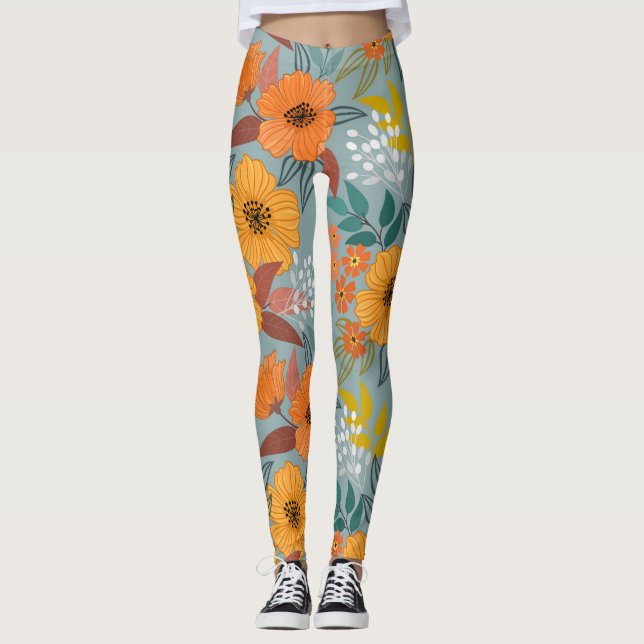 Legging Padrão Colorido das Flores Desenhadas À Mão (Frente)