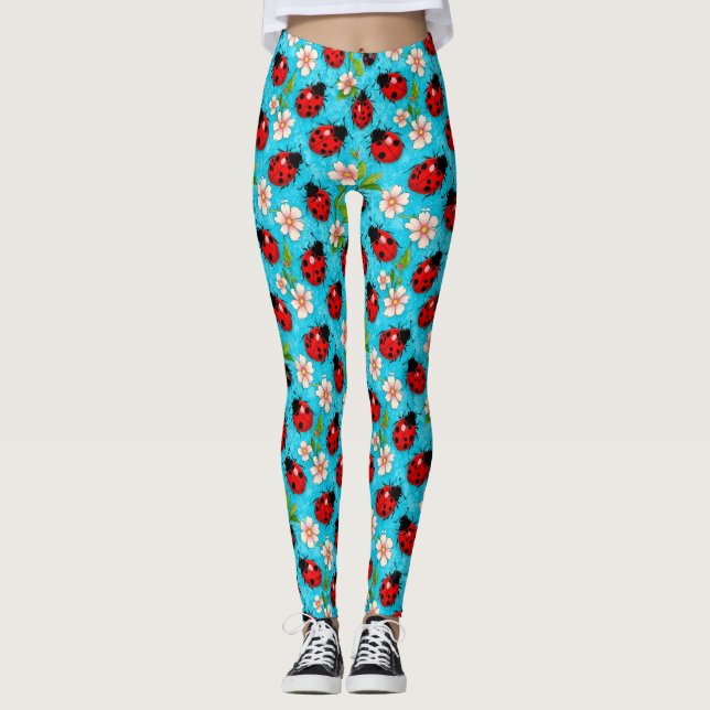 Legging Padrão Colorido de Joaninha com Flores (Frente)