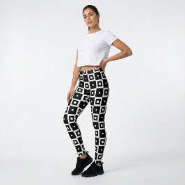 Legging Padrão Contemporâneo de Praças Pretas e Brancas