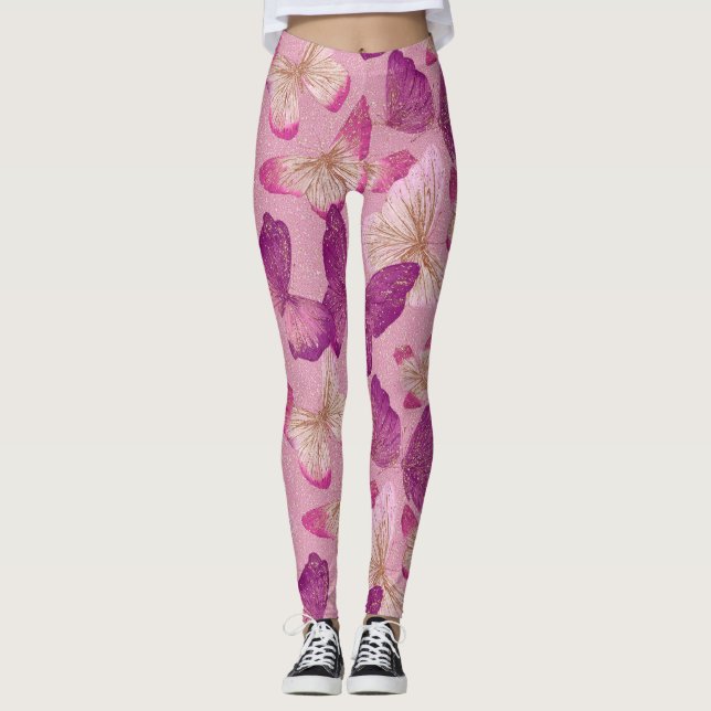 Legging Padrão contínuo de borboleta rosa com brilho (Frente)