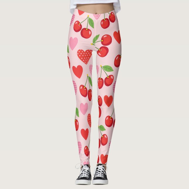Legging Padrão contínuo de cereja e coração (Frente)