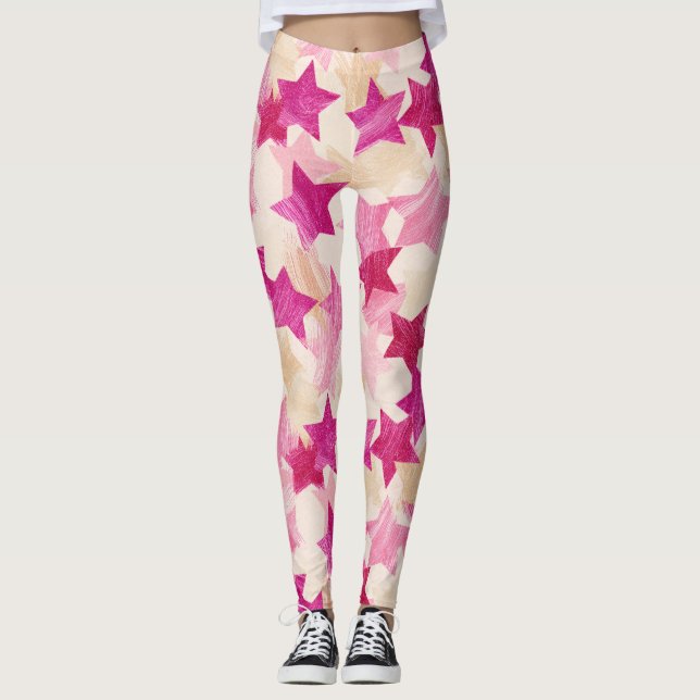 Legging Padrão contínuo de estrela em rosa desgastado (Frente)