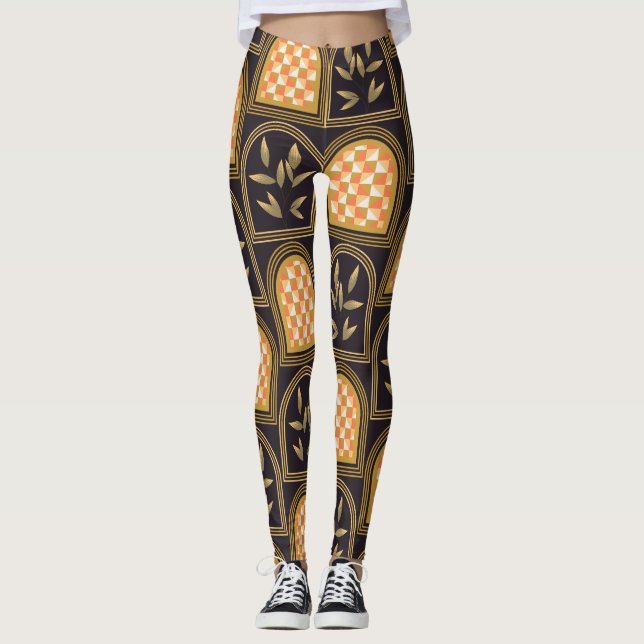 Legging Padrão contínuo geométrico floral art déco de luxo (Frente)
