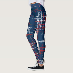 Legging padrão cruzado branco vermelho e abstrato azul
