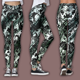 Legging Padrão Damask | Preto, Branco & Verde