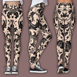 Legging Padrão Damasko | Bege Preto e Pêssego