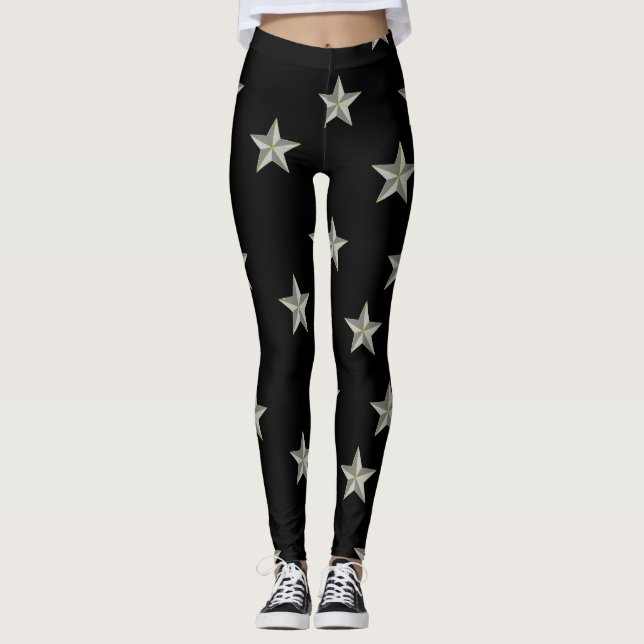 Legging padrão das estrelas da cinza em preto (Frente)