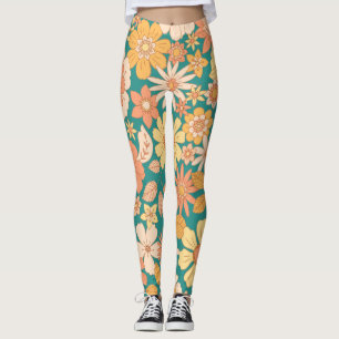 Legging padrão das flores de primavera cor-de-rosa e laran