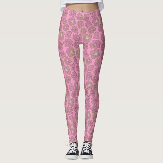 Legging Padrão das Flores Retrorísticas Cor-de-Rosa (Frente)