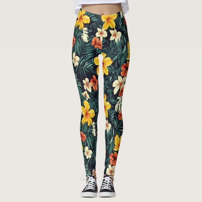 Legging Padrão das flores tropicais amarelas (Frente)