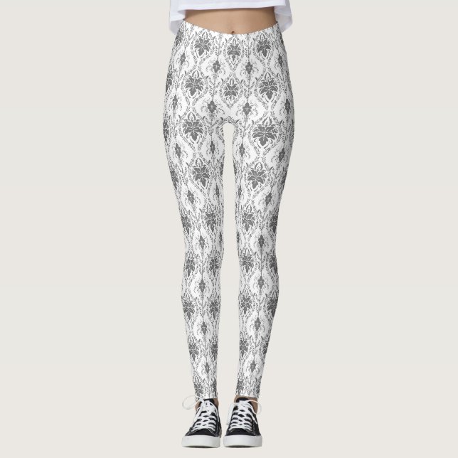 Legging Padrão de abertura das Damas brancas e cinzas (Frente)
