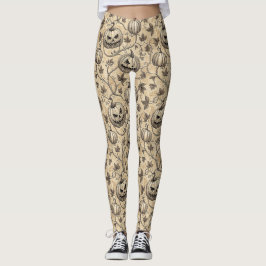 Legging Padrão de Abóbora de Halloween Vintage com Videira
