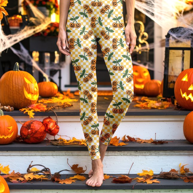 Legging Padrão de Abóboras Cereja em Xadrez Amarelo (Criador carregado)