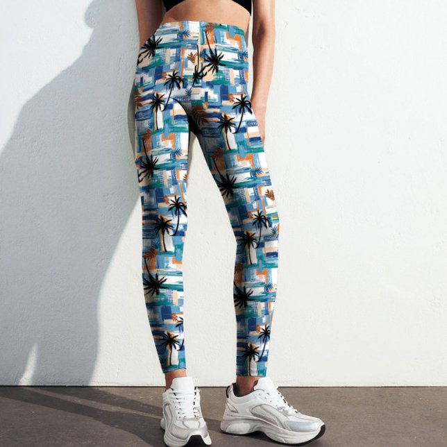 Legging Padrão de Abstrato com Verificação Tropical de Pal (Modern Abstract Blue Palm Checked Pattern Printed Leggings for Yoga, Fitness, & Lifestyle.)