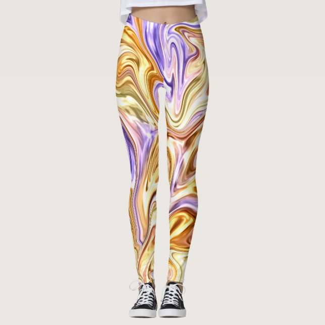 Legging Padrão de Abstrato de Ondas Roxas Douradas Trendy  (Frente)