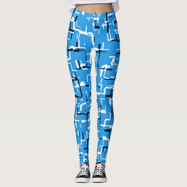Legging Padrão de Abstrato de preto branco azul (Frente)