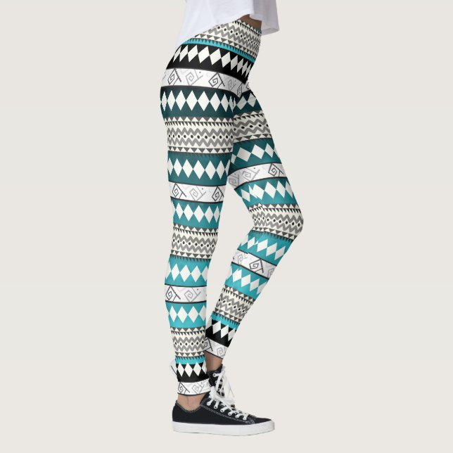 Legging Padrão de Abstrato Geométrico Azul Teal Aztec (Direita)