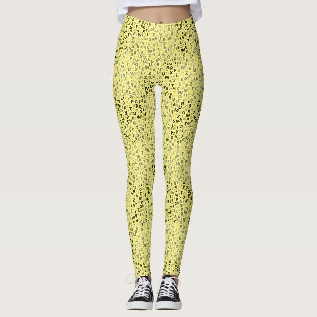 Legging Padrão de alfabetos 01 BW.w LYellow BG (Frente)