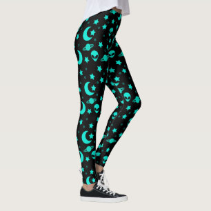 Legging Padrão de Alienígena Turquesa com Estrelas e Luas