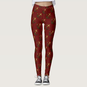 Legging Padrão de âncora em falso brilho dourado em vermel