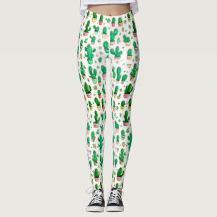 Legging Padrão de Aquarela de Cactus Verde Suculente e Bon