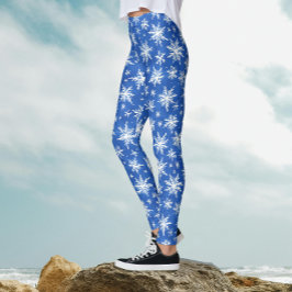 Legging Padrão de aquarela de flocos de neve azuis e branc