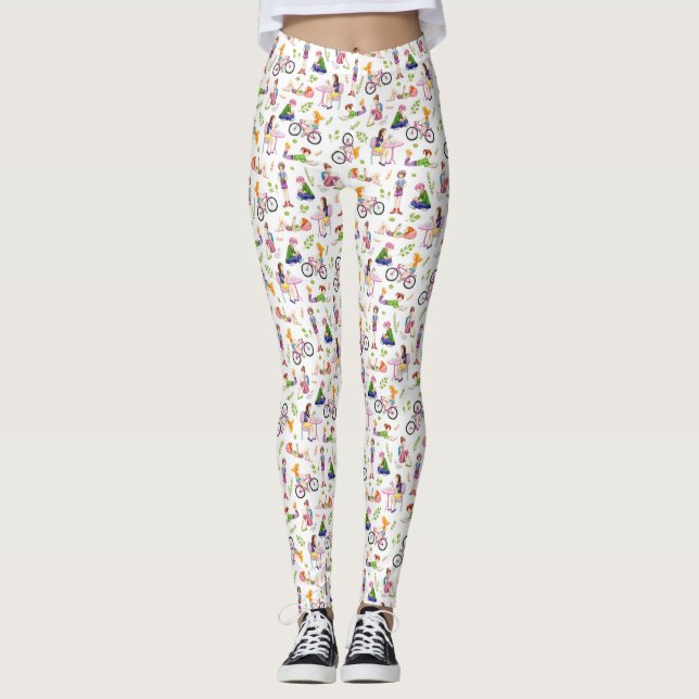 Legging Padrão de Aquarela de Meninas Ocupadas (Frente)