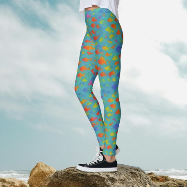 Legging Padrão de Aquarela de Peixes Tropicais Turquesa Oc (Criador carregado)