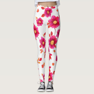 Legging Padrão de Aquarela Floral Rosa Vibrante