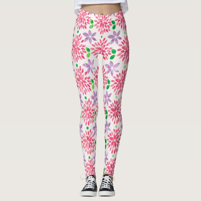 Legging Padrão de Aquarela Rosa e Púrpura (Frente)